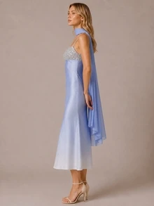 Zerodot Women Ombre Light Blue Sequins Scarf Detail Midi Elegant Romantic Dress Party Party Night Dinner Going Out Fall Pre Fall - Baby Blue - View 3