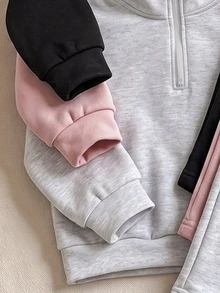 3 Set Baju Sweatshirt dan Celana Olahraga Warna Polos dengan Resleting dan Kerah Tegak untuk Anak Perempuan Usia 4-7 Tahun, Pakaian Dasar Musim Gugur/Dingin dalam Warna Abu-abu, Merah Muda, dan Hitam - MultiWarna - View 5