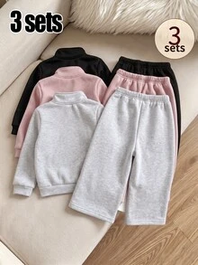 3 Set Baju Sweatshirt dan Celana Olahraga Warna Polos dengan Resleting dan Kerah Tegak untuk Anak Perempuan Usia 4-7 Tahun, Pakaian Dasar Musim Gugur/Dingin dalam Warna Abu-abu, Merah Muda, dan Hitam - MultiWarna - View 2