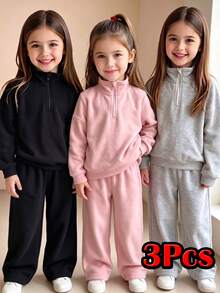 3 Set Baju Sweatshirt dan Celana Olahraga Warna Polos dengan Resleting dan Kerah Tegak untuk Anak Perempuan Usia 4-7 Tahun, Pakaian Dasar Musim Gugur/Dingin dalam Warna Abu-abu, Merah Muda, dan Hitam - MultiWarna - View 3