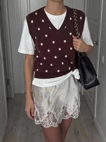Serisse Jaket Rompi Rajut Jacquard Polkadot Gaya Jalanan Korea untuk Wanita - Coklat - View 6