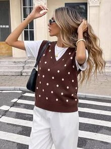 Serisse Jaket Rompi Rajut Jacquard Polkadot Gaya Jalanan Korea untuk Wanita - Coklat - View 3