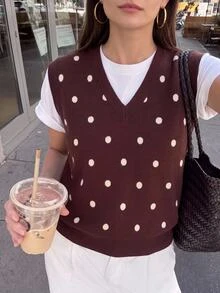 Serisse Jaket Rompi Rajut Jacquard Polkadot Gaya Jalanan Korea untuk Wanita - Coklat - View 5
