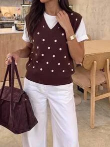 Serisse Jaket Rompi Rajut Jacquard Polkadot Gaya Jalanan Korea untuk Wanita - Coklat - View 4