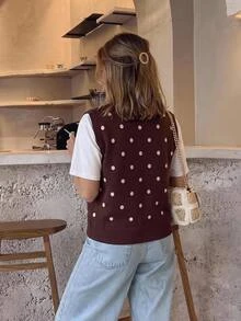 Serisse Jaket Rompi Rajut Jacquard Polkadot Gaya Jalanan Korea untuk Wanita - Coklat - View 2