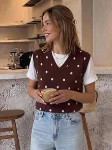 Serisse Jaket Rompi Rajut Jacquard Polkadot Gaya Jalanan Korea untuk Wanita - Coklat - View 1