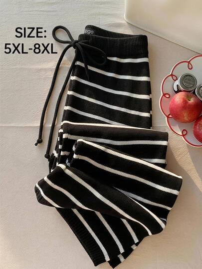 SHEIN CURVE+ بنطال نسائي مقاس كبير مخطط كاجوال متعدد الاستخدامات من الصوف المحبوك