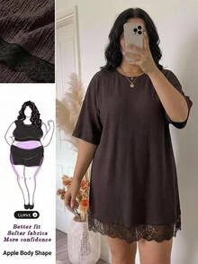 SHEIN CURVE+ Plus Size Women's Brown Autumn Casual Daily Loose Elastic Comfortable Lace Trim Textured Short Sleeve Long T-Shirt, Lace Top, Vacation Outfit Winter - Brown - View 1