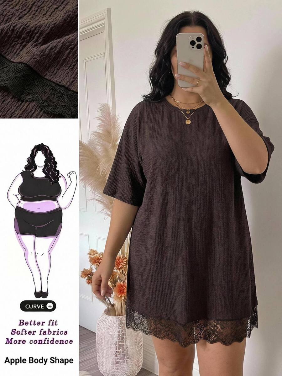 SHEIN CURVE+ Plus Size Women's Brown Autumn Casual Daily Loose Elastic Comfortable Lace Trim Textured Short Sleeve Long T-Shirt, Lace Top, Vacation Outfit Winter - Brown - View 1