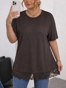 SHEIN CURVE+ Plus Size Women's Brown Autumn Casual Daily Loose Elastic Comfortable Lace Trim Textured Short Sleeve Long T-Shirt, Lace Top, Vacation Outfit Winter - Brown - View 5
