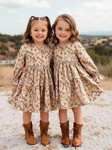 Emery Rose Kids Emery Rose Kids 年轻女孩年轻女孩双胞胎女孩碎花圆领泡泡袖修身休闲蛋糕 A 字连衣裙，秋冬新品，年轻女孩，妈妈 & 姐妹 & 我搭配。返校 - 卡其色 - 查看 2