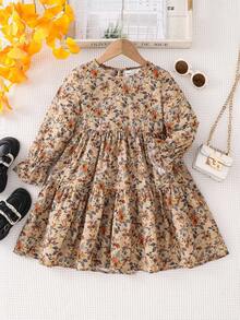 Emery Rose Kids Emery Rose Kids 年轻女孩年轻女孩双胞胎女孩碎花圆领泡泡袖修身休闲蛋糕 A 字连衣裙，秋冬新品，年轻女孩，妈妈 & 姐妹 & 我搭配。返校 - 卡其色 - 查看 8