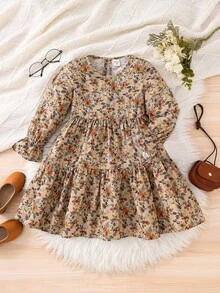 Emery Rose Kids Emery Rose Kids 年轻女孩年轻女孩双胞胎女孩碎花圆领泡泡袖修身休闲蛋糕 A 字连衣裙，秋冬新品，年轻女孩，妈妈 & 姐妹 & 我搭配。返校 - 卡其色 - 查看 4