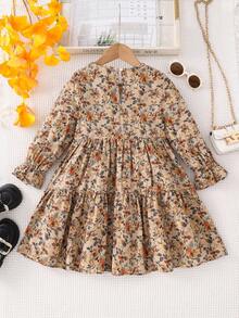 Emery Rose Kids Emery Rose Kids 年轻女孩年轻女孩双胞胎女孩碎花圆领泡泡袖修身休闲蛋糕 A 字连衣裙，秋冬新品，年轻女孩，妈妈 & 姐妹 & 我搭配。返校 - 卡其色 - 查看 5