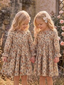 Emery Rose Kids Emery Rose Kids 年轻女孩年轻女孩双胞胎女孩碎花圆领泡泡袖修身休闲蛋糕 A 字连衣裙，秋冬新品，年轻女孩，妈妈 & 姐妹 & 我搭配。返校 - 卡其色 - 查看 3