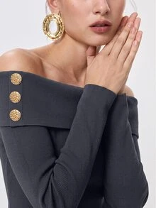 SHEIN Women's Commuter Brunch Going Out Off-Shoulder Ribbed Long Sleeve T-Shirt With Metal Button Decoration Black N Gold Autumn French Elegant - Grey - View 4