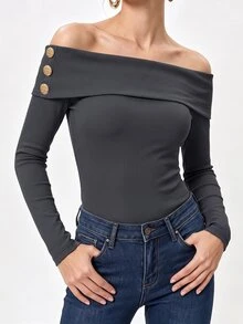 SHEIN Women's Commuter Brunch Going Out Off-Shoulder Ribbed Long Sleeve T-Shirt With Metal Button Decoration Black N Gold Autumn French Elegant - Grey - View 3