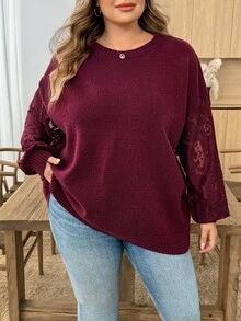 SHEIN CURVE+ كنزة صوفية مقاس كبير للخريف/الشتاء كاجوال بسيطة أنيقة متعددة الاستخدامات بتصميم رقعات شبكية - عنابي اللون - مشاهدة 8