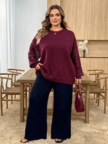 SHEIN CURVE+ كنزة صوفية مقاس كبير للخريف/الشتاء كاجوال بسيطة أنيقة متعددة الاستخدامات بتصميم رقعات شبكية - عنابي اللون - مشاهدة 7