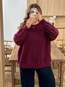 SHEIN CURVE+ كنزة صوفية مقاس كبير للخريف/الشتاء كاجوال بسيطة أنيقة متعددة الاستخدامات بتصميم رقعات شبكية - عنابي اللون - مشاهدة 3