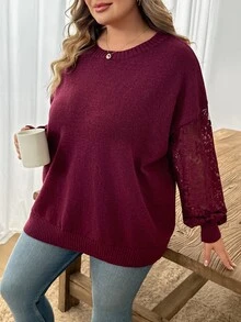 SHEIN CURVE+ كنزة صوفية مقاس كبير للخريف/الشتاء كاجوال بسيطة أنيقة متعددة الاستخدامات بتصميم رقعات شبكية - عنابي اللون - مشاهدة 6