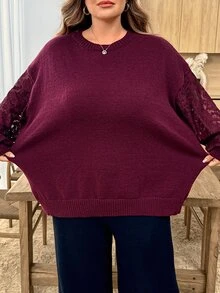 SHEIN CURVE+ كنزة صوفية مقاس كبير للخريف/الشتاء كاجوال بسيطة أنيقة متعددة الاستخدامات بتصميم رقعات شبكية - عنابي اللون - مشاهدة 4