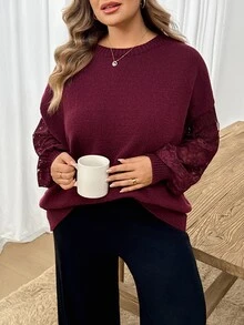 SHEIN CURVE+ كنزة صوفية مقاس كبير للخريف/الشتاء كاجوال بسيطة أنيقة متعددة الاستخدامات بتصميم رقعات شبكية - عنابي اللون - مشاهدة 2