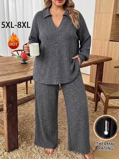 SHEIN CURVE+ Женский комплект из футболки с длинным рукавом в рубчик и брюк большого размера, серый, однотонный, свободный крой, спущенная линия плеча, осенне-зимний домашний и повседневный наряд для женщин с формами