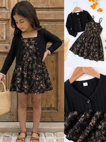 Emery Rose Kids Emery Rose Kids Young Girl 2件套黑色羅紋針織開襟披肩長袖上衣與碎花細肩帶收腰洋裝，復古休閒度假穿搭 - 黑色 - 查看 5