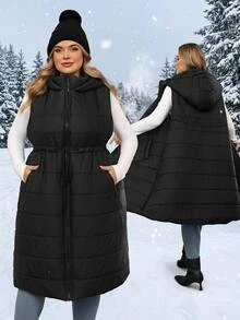 SHEIN CURVE+ جاكيت مبطنة بقلنسوة وخصر مشدود للنساء بمقاسات كبيرة، جاكيت خريفية سوداء كاجوال فضفاضة للمعلمات والعطلات والشتاء - الأسود - مشاهدة 2