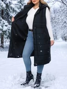 SHEIN CURVE+ جاكيت مبطنة بقلنسوة وخصر مشدود للنساء بمقاسات كبيرة، جاكيت خريفية سوداء كاجوال فضفاضة للمعلمات والعطلات والشتاء - الأسود - مشاهدة 4