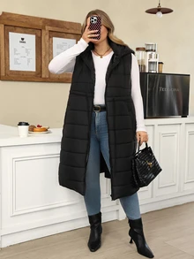 SHEIN CURVE+ جاكيت مبطنة بقلنسوة وخصر مشدود للنساء بمقاسات كبيرة، جاكيت خريفية سوداء كاجوال فضفاضة للمعلمات والعطلات والشتاء - الأسود - مشاهدة 7