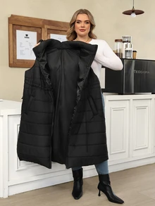 SHEIN CURVE+ جاكيت مبطنة بقلنسوة وخصر مشدود للنساء بمقاسات كبيرة، جاكيت خريفية سوداء كاجوال فضفاضة للمعلمات والعطلات والشتاء - الأسود - مشاهدة 11