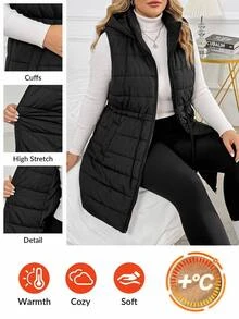 SHEIN CURVE+ جاكيت مبطنة بقلنسوة وخصر مشدود للنساء بمقاسات كبيرة، جاكيت خريفية سوداء كاجوال فضفاضة للمعلمات والعطلات والشتاء - الأسود - مشاهدة 1