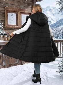 SHEIN CURVE+ جاكيت مبطنة بقلنسوة وخصر مشدود للنساء بمقاسات كبيرة، جاكيت خريفية سوداء كاجوال فضفاضة للمعلمات والعطلات والشتاء - الأسود - مشاهدة 3