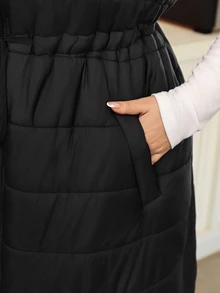 SHEIN CURVE+ جاكيت مبطنة بقلنسوة وخصر مشدود للنساء بمقاسات كبيرة، جاكيت خريفية سوداء كاجوال فضفاضة للمعلمات والعطلات والشتاء - الأسود - مشاهدة 9