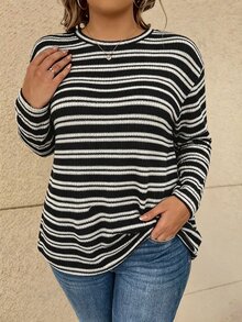 Vionelle Plus Size Ribbed Ribbed Elastic Round Neck Long Sleeve All-Match Casual Minimalist Versatile Autumn/Winter Women's T-Shirt - Black - View 4