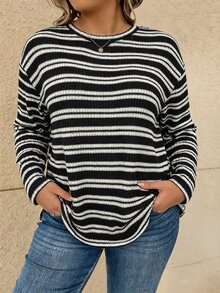 Vionelle Plus Size Ribbed Ribbed Elastic Round Neck Long Sleeve All-Match Casual Minimalist Versatile Autumn/Winter Women's T-Shirt - Black - View 3