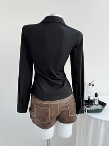 Elamini Sexy Black Deep V-Neck Lace Collar Slim Fit Long Sleeve Blouse - Black - View 2
