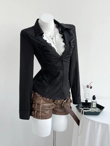 Elamini Sexy Black Deep V-Neck Lace Collar Slim Fit Long Sleeve Blouse - Black - View 3