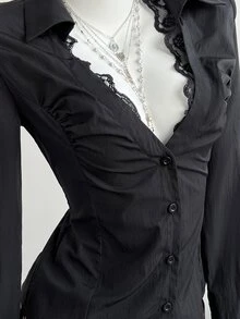Elamini Sexy Black Deep V-Neck Lace Collar Slim Fit Long Sleeve Blouse - Black - View 6