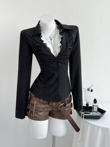 Elamini Sexy Black Deep V-Neck Lace Collar Slim Fit Long Sleeve Blouse - Black - View 5