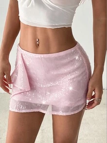 SHEIN Glamour 粉色亮片不對稱裹身低腰緊身性感迷你裙 Y2K 姐妹會招新單身派對迪斯可夜店風 - 粉色 - 查看 6