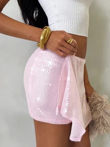 SHEIN Glamour 粉色亮片不對稱裹身低腰緊身性感迷你裙 Y2K 姐妹會招新單身派對迪斯可夜店風 - 粉色 - 查看 8