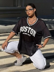 SHEIN EZwear Plus Size Contrast Color Letter Graphic Mesh T-Shirt, Summer - Black - View 6