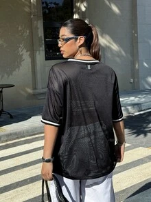 SHEIN EZwear Plus Size Contrast Color Letter Graphic Mesh T-Shirt, Summer - Black - View 3