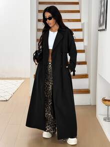 SHEIN EZwear 大尺碼女款純色翻領長袖雙排扣長款風衣外套 春秋辦公室黑色商務休閒優雅 - 黑色 - 查看 5