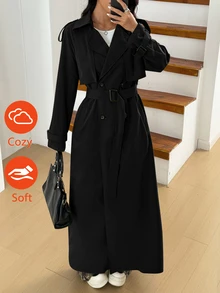 SHEIN EZwear 大尺碼女款純色翻領長袖雙排扣長款風衣外套 春秋辦公室黑色商務休閒優雅 - 黑色 - 查看 2