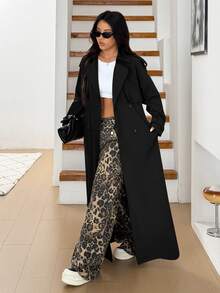 SHEIN EZwear 大尺碼女款純色翻領長袖雙排扣長款風衣外套 春秋辦公室黑色商務休閒優雅 - 黑色 - 查看 4