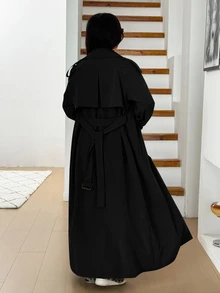 SHEIN EZwear 大尺碼女款純色翻領長袖雙排扣長款風衣外套 春秋辦公室黑色商務休閒優雅 - 黑色 - 查看 3